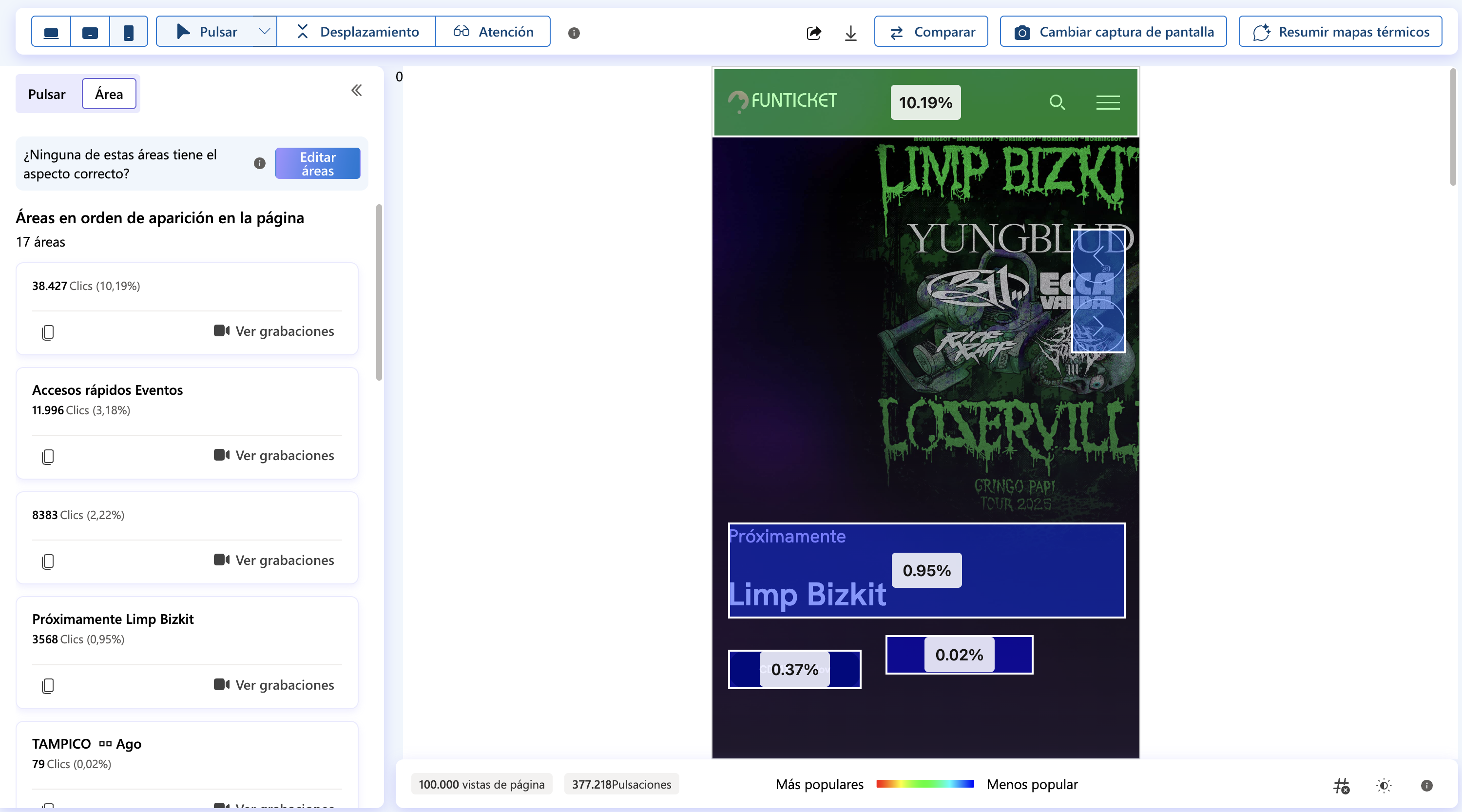 Áreas de clicks en evento Limp Bizkit - 377K pulsaciones