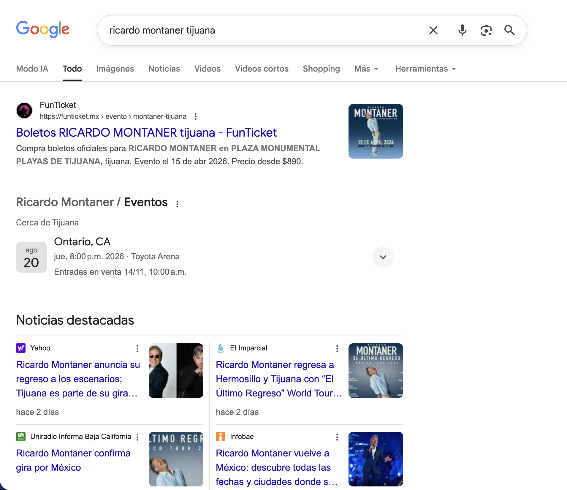 Posicionamiento #1 para Ricardo Montaner Tijuana - FunTicket